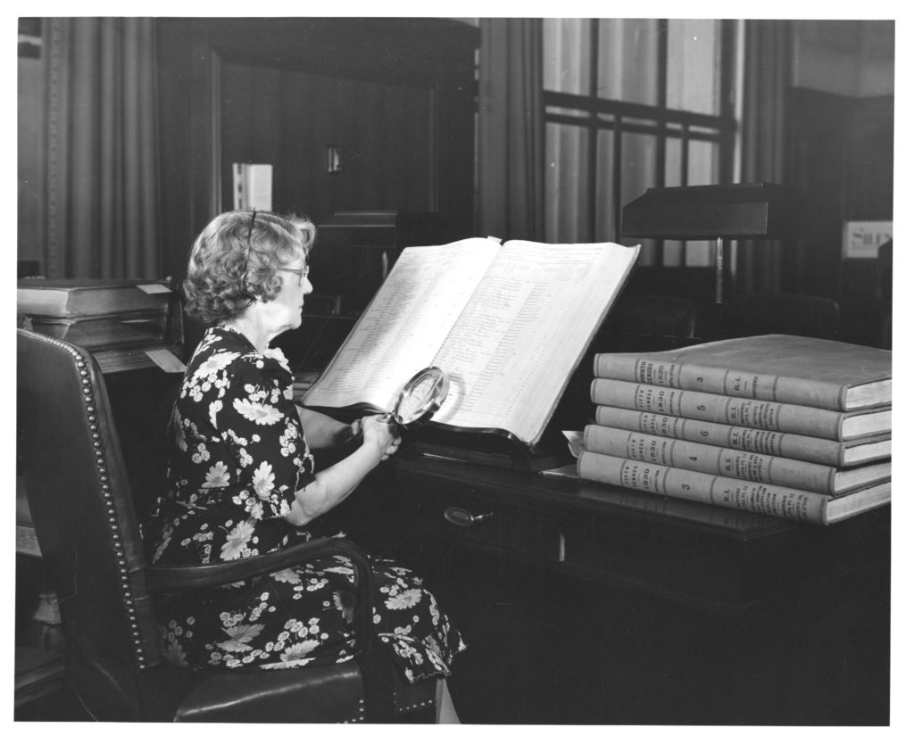 Photograph of Researcher in the Central Search Room of the National Archives Building